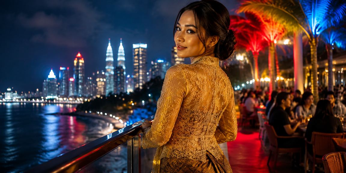 Dealer profesional berbaju kebaya mengendalikan meja kasino di Kuala Lumpur gaya 2031